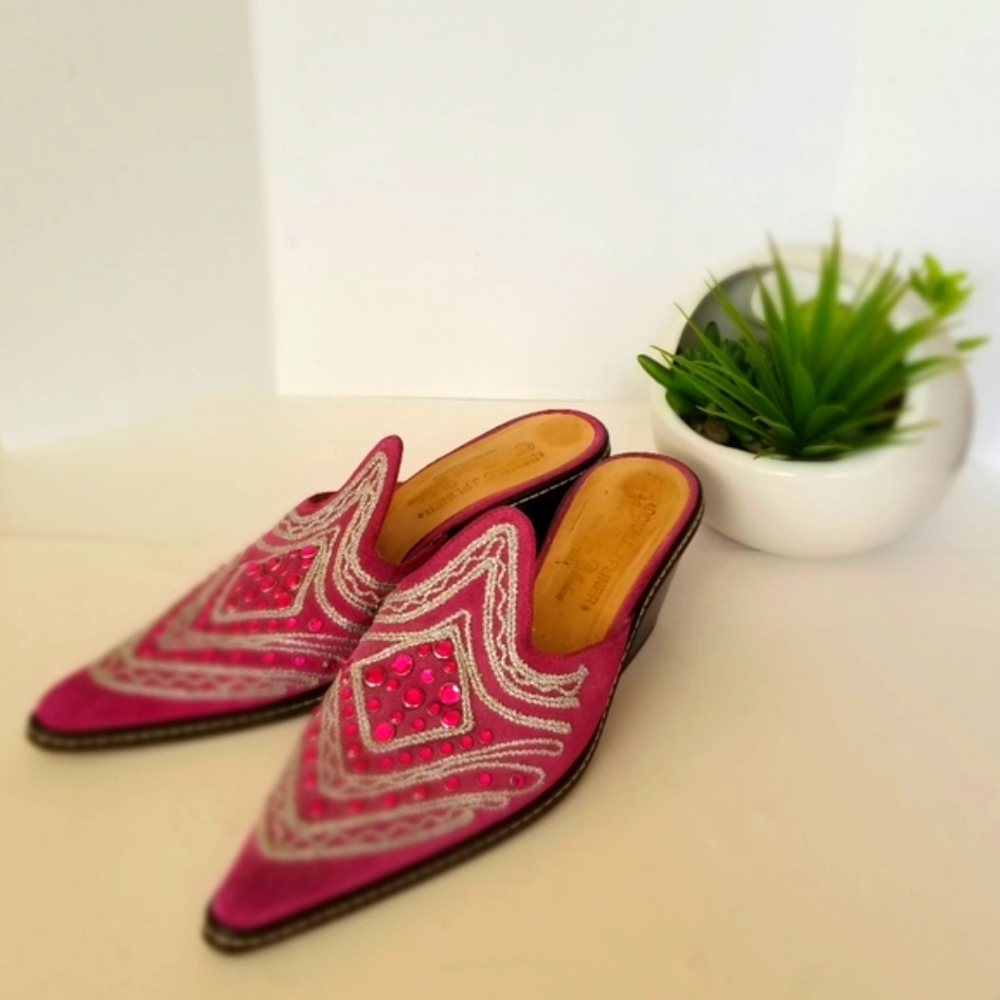 Women's J Pliner western couture pink suede leather mules - Picture 2 of 8